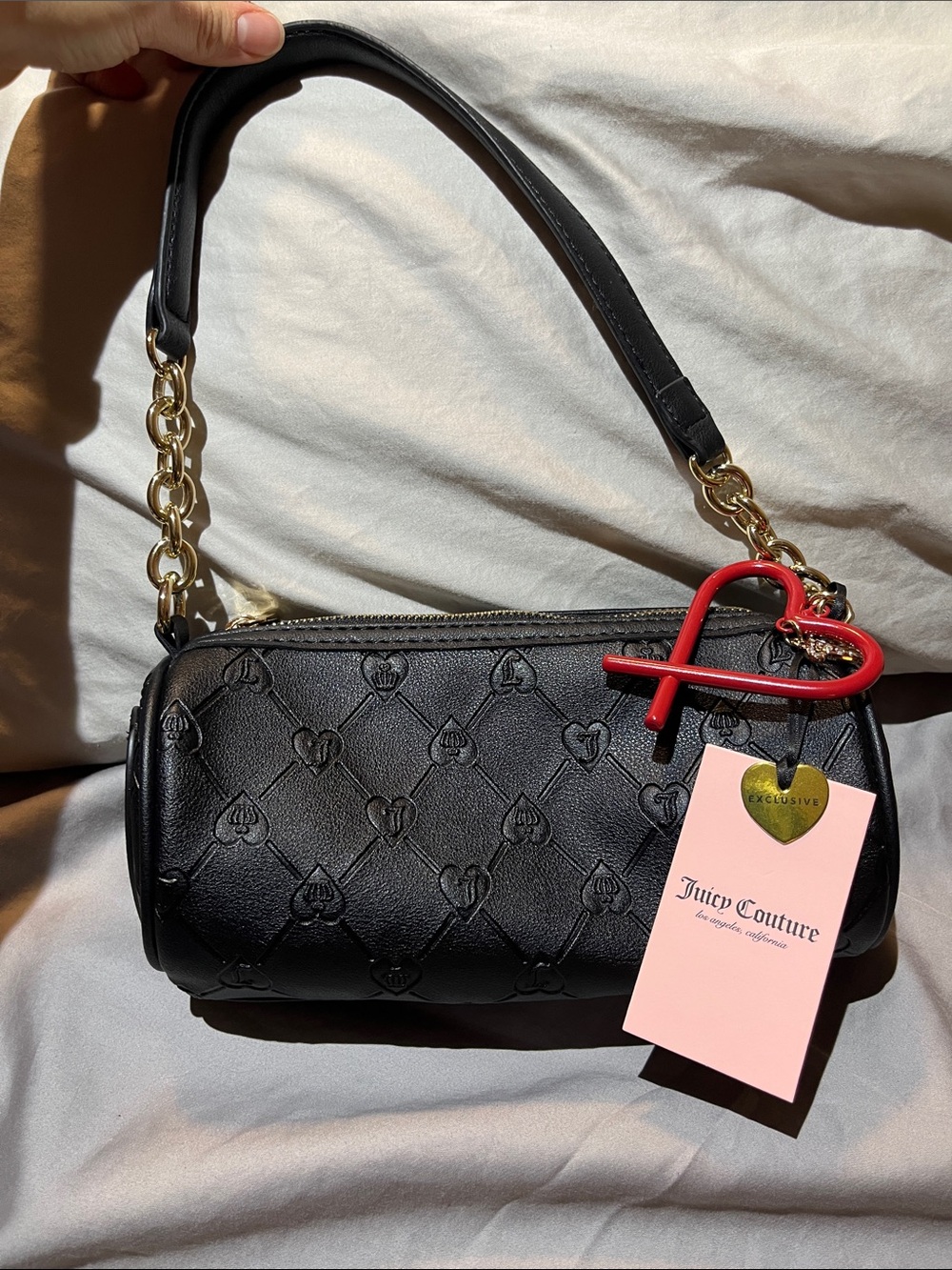 Juicy Couture Black Quilted Heart-Embossed Cylinder Purse with Gold Chain